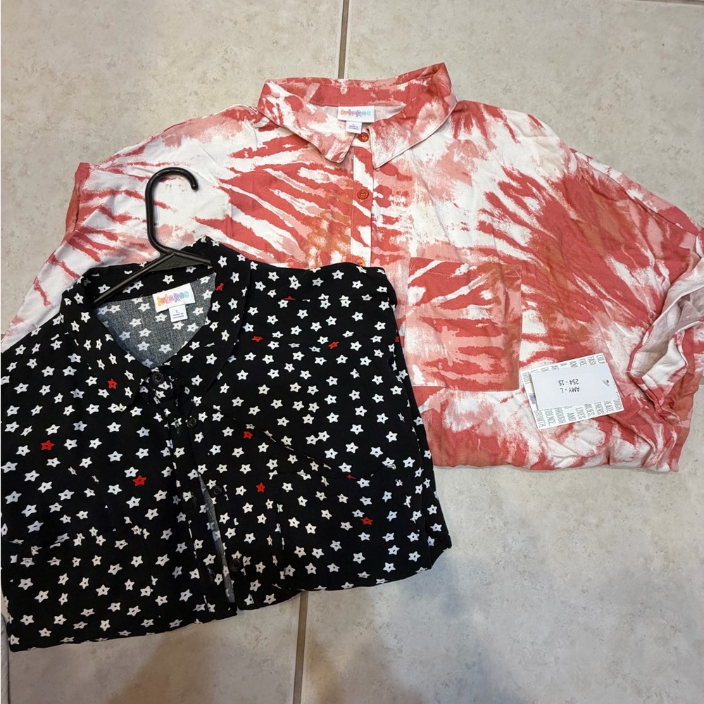 Two large Lularoe Amy Shirts - Red Tie-Dye and Black Star Pattern